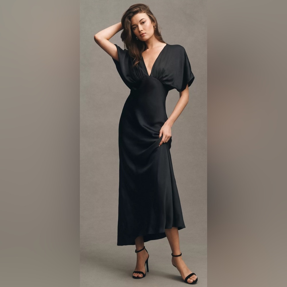 BHLDN Amelia Deep-V Flutter-Sleeve Satin A-Line Gown